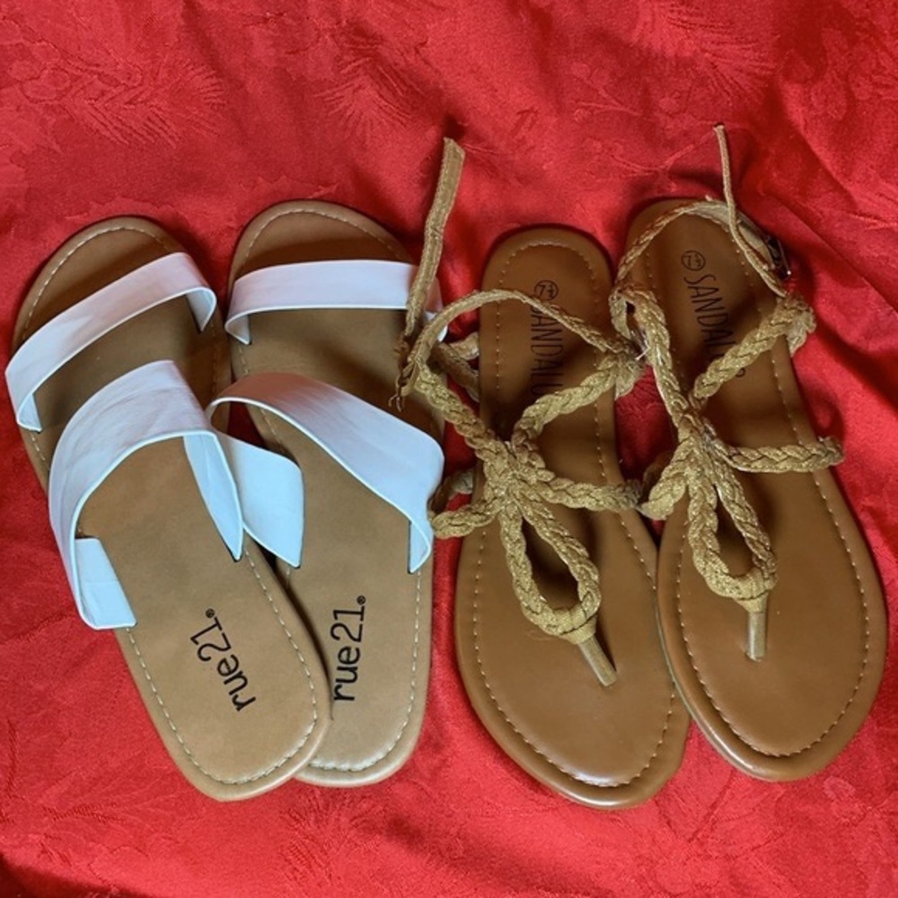 Summer Sandals Two pairs fit like women's size 8 white slip on, beige buckle up
